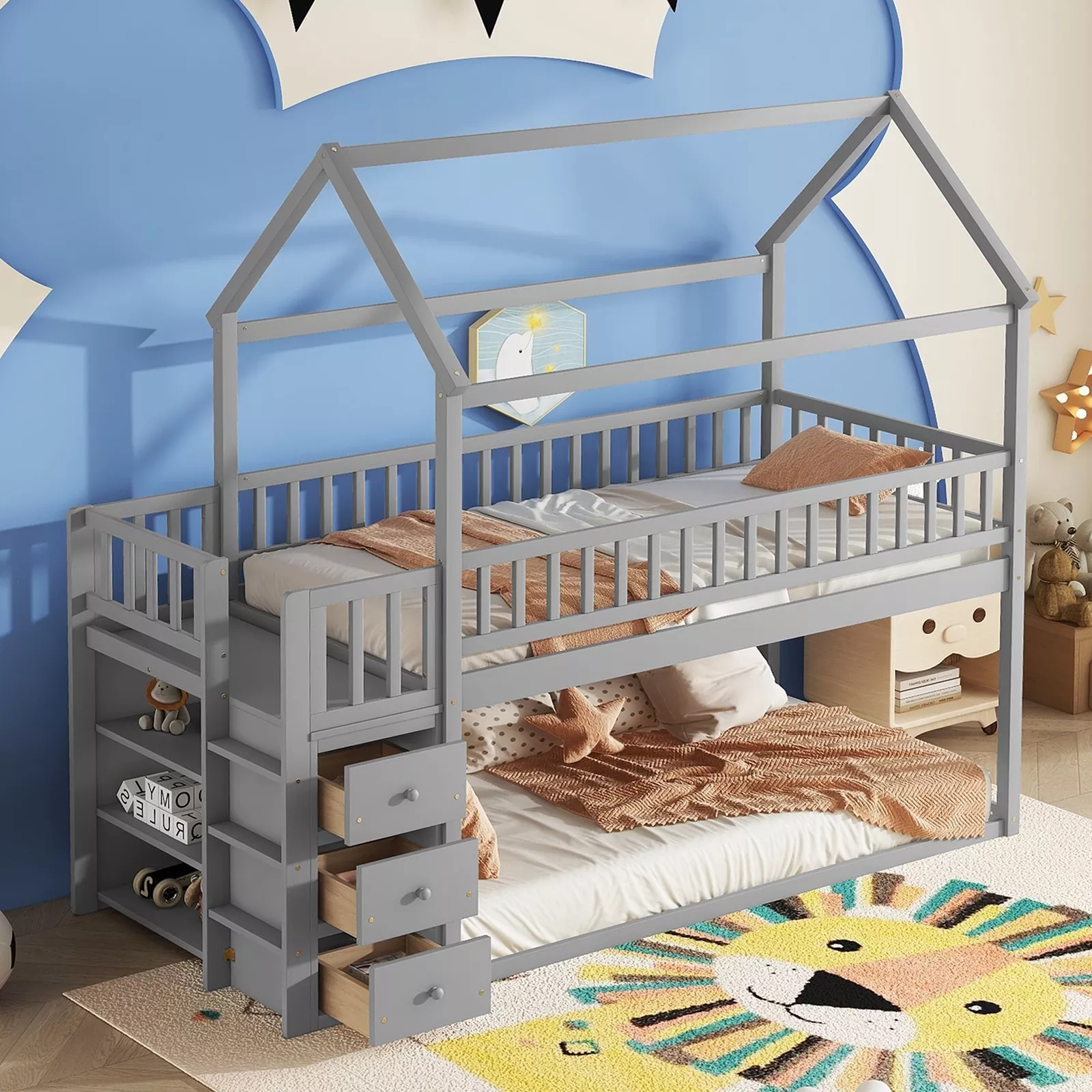 TWIN/TWIN HOUSE BUNK BED WITH SHELVES AND DRAWERS 